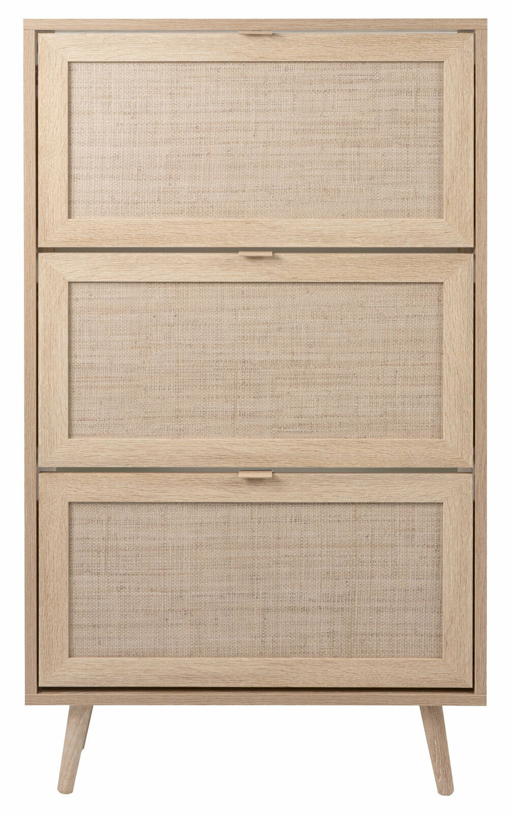 Schuhkipper aus hellem Holz mit drei Klappen, frontal fotografiert.