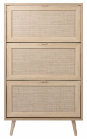 Schuhkipper aus hellem Holz mit drei Klappen, frontal fotografiert.