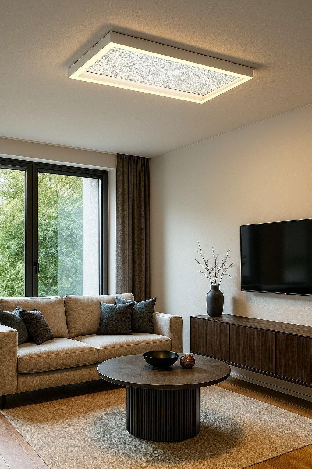 Rechteckige LED-Deckenleuchte in einem modernen Wohnzimmer, von unten betrachtet.