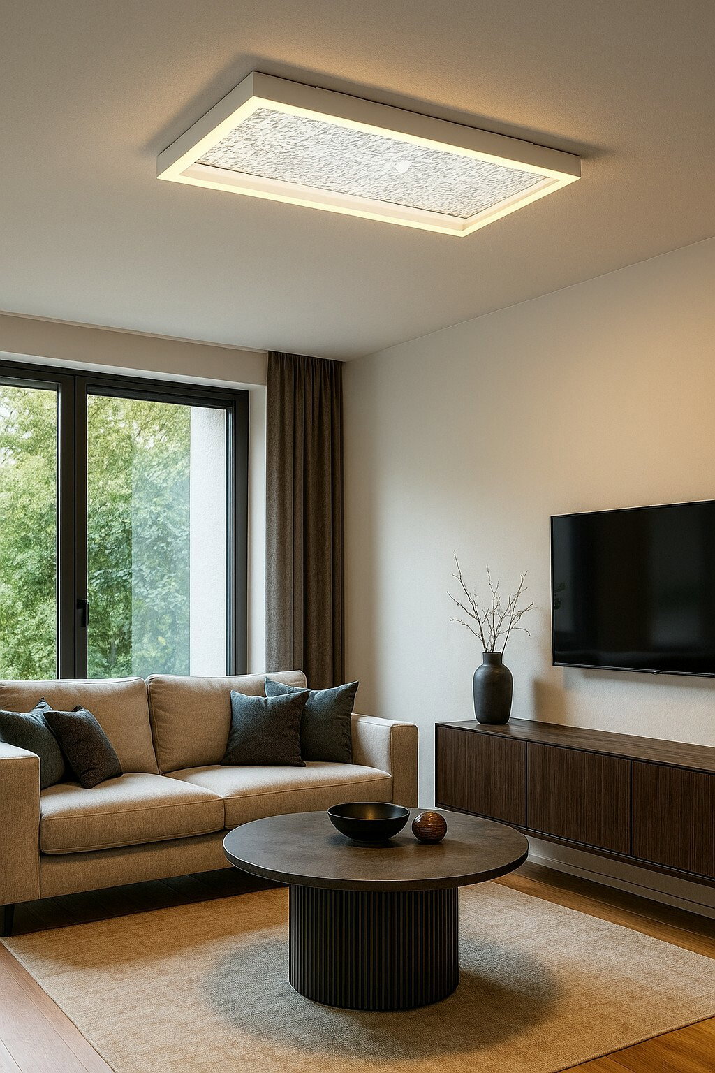 Rechteckige LED-Deckenleuchte in einem modernen Wohnzimmer, von unten betrachtet.