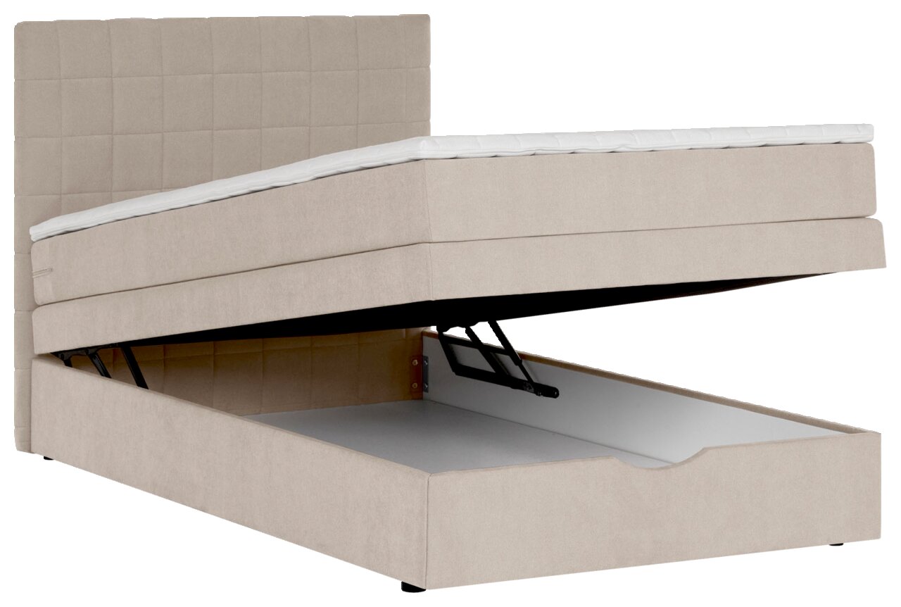 Beiges Polsterbett mit gepolstertem, kariertem Kopfteil und hochklappbarem Lattenrost für Stauraum, schräg von vorn links im geöffneten Zustand gezeigt