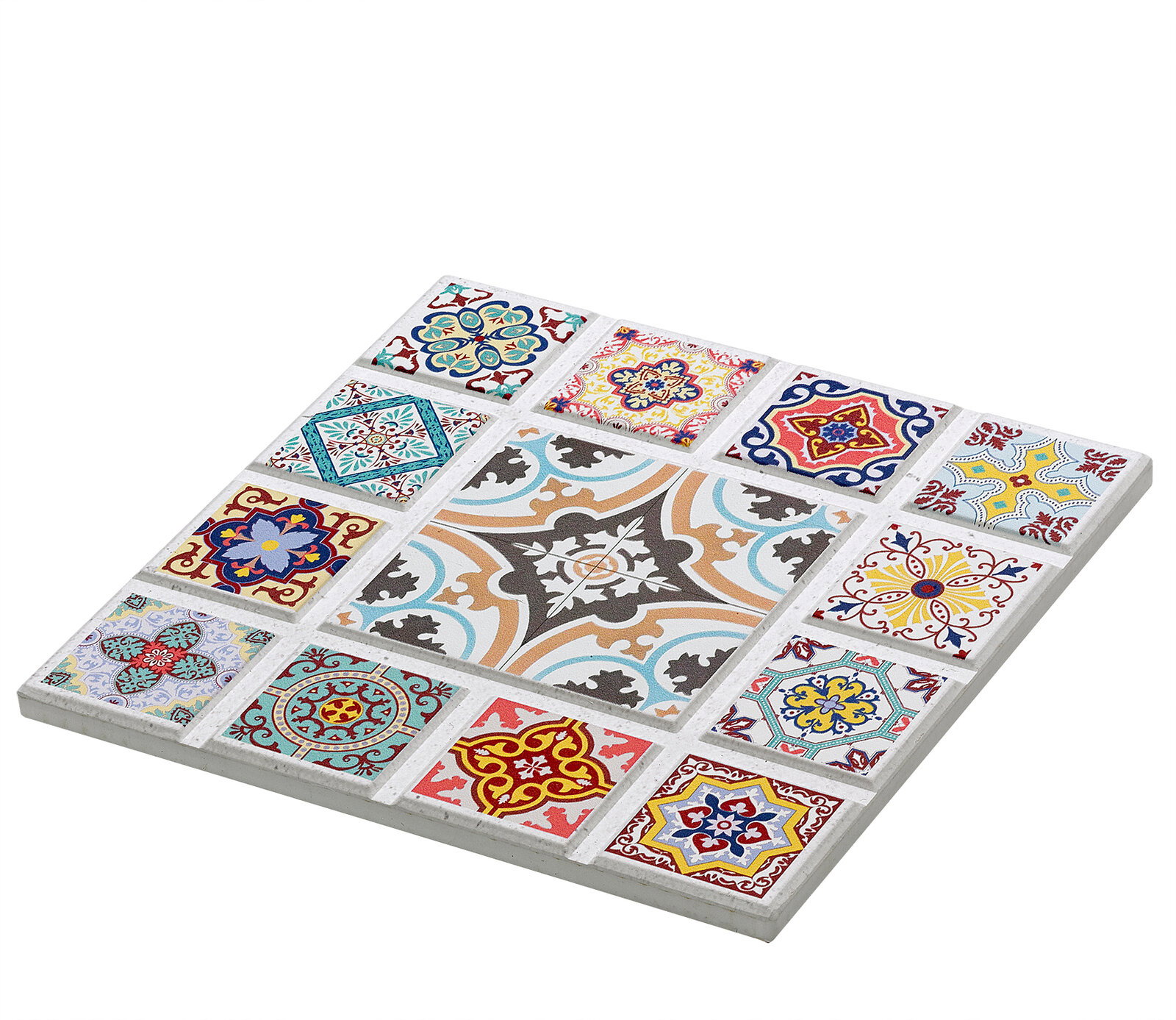 Zassenhaus Untersetzer AGADIR Untersetzer AGADIR Stern mit buntem Mosaikmuster, aus seitlicher Perspektive fotografiert.