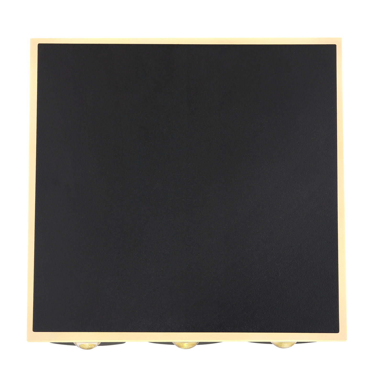 Quadratische Wandleuchte SAIDY in Schwarz mit goldfarbenem Rand, Ansicht von vorne.