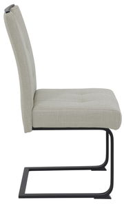 Seitenansicht eines modernen Schwingstuhls mit hellgrauem Stoffbezug und schwarzem Metallgestell.