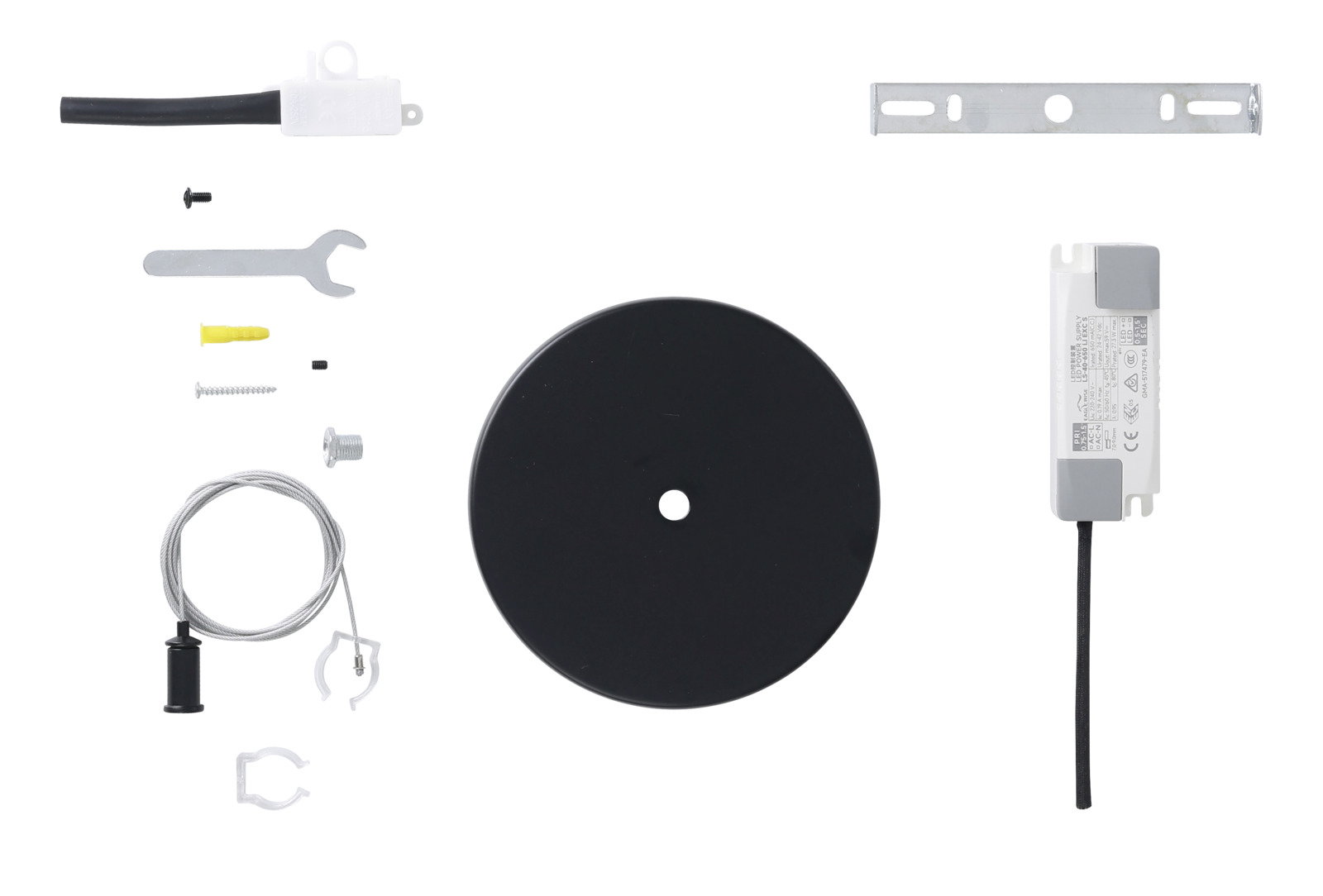 Verschiedene Komponenten eines LED-Lichtschlauch-Sets, von oben betrachtet, inklusive Kabel, Schrauben, Halterungen und einem runden schwarzen Element.