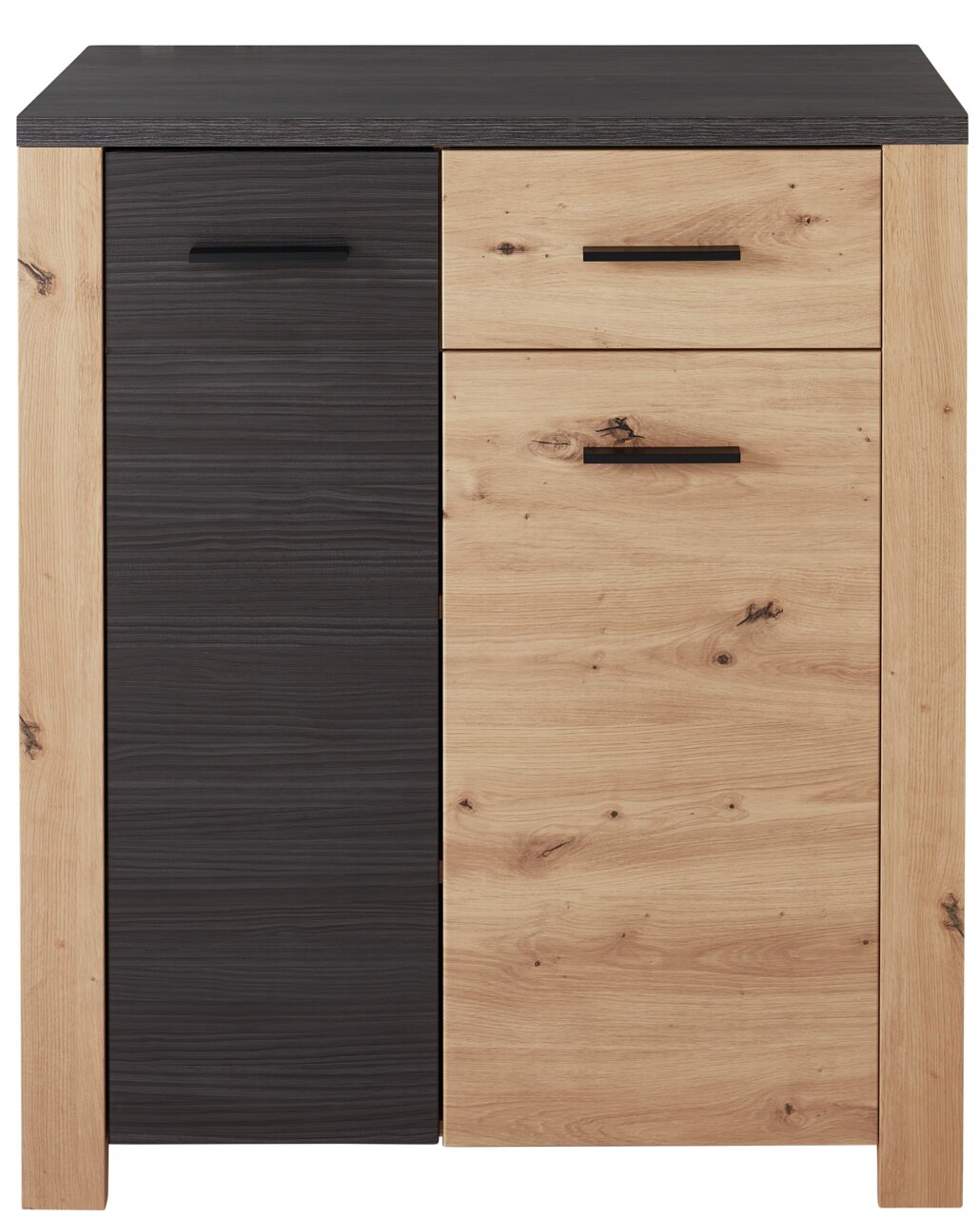 Voleo Schuhschrank MALIO Frontansicht eines modernen Schuhschranks mit zwei Türen und einer Schublade in Holzoptik und dunklem Akzent.
