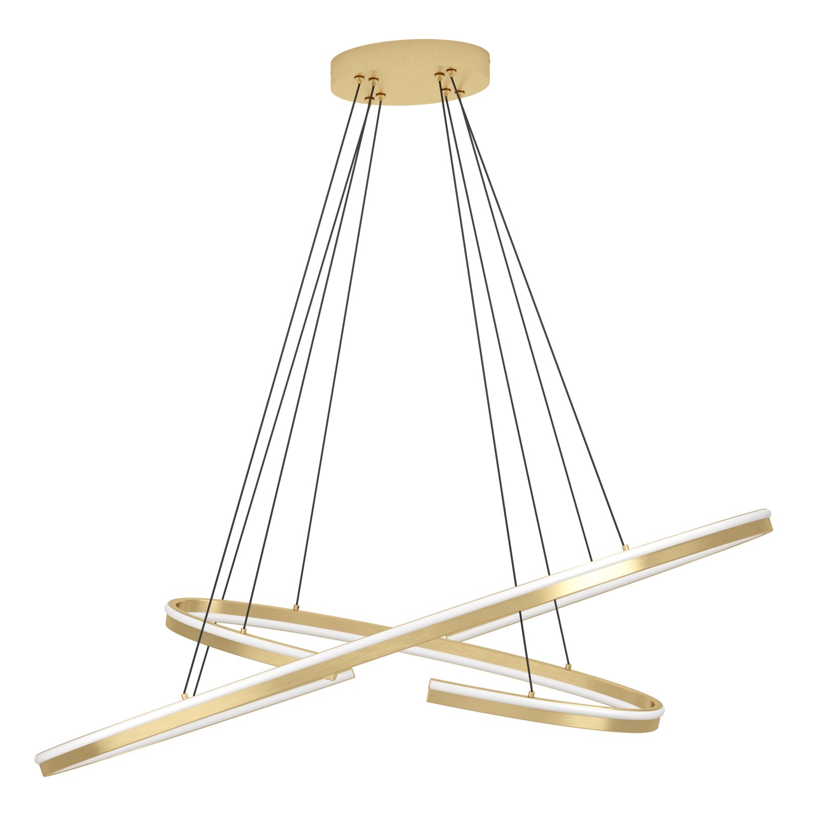 Moderne LED-Pendelleuchte in Gold/Messing mit drei überkreuzten, länglichen Lichtbalken und schwarzer Seilabhängung, freigestellt vor schwarzem Hintergrund, Perspektive: schräg von unten (3/4-Ansicht).