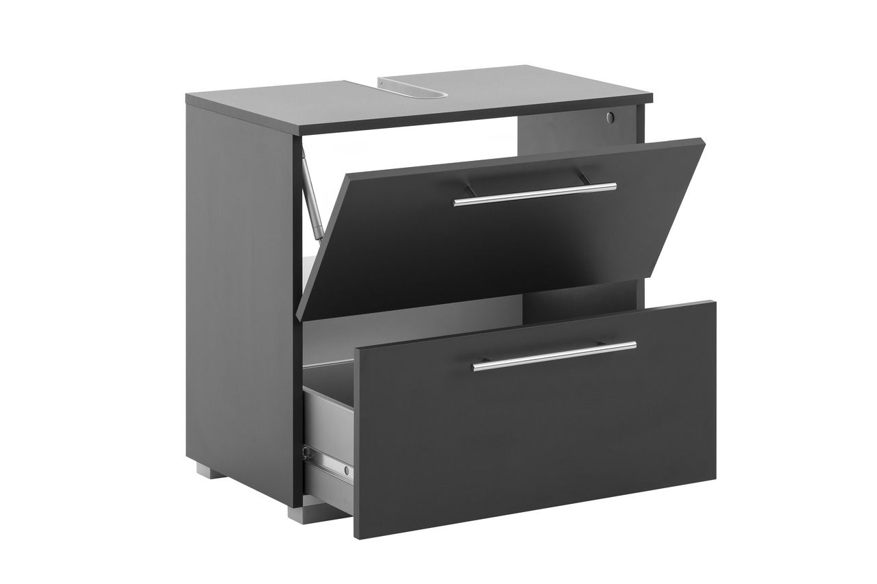 Moderner Waschbeckenunterschrank in dunklem Design mit zwei Schubladen, perspektivisch von vorne rechts fotografiert.