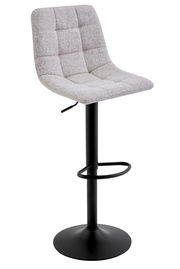 Moderner Barhocker mit grauem, gepolstertem Sitz und schwarzem Metallgestell, seitliche Perspektive