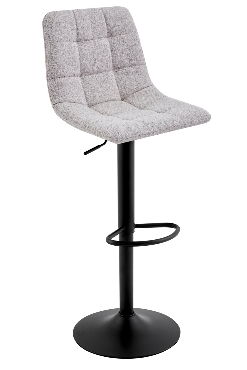 Moderner Barhocker mit grauem, gepolstertem Sitz und schwarzem Metallgestell, seitliche Perspektive