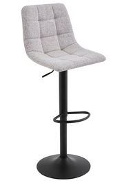 Moderner Barhocker mit grauem, gepolstertem Sitz und schwarzem Metallgestell, seitliche Perspektive