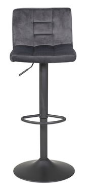 Moderner Barhocker in dunklem Grau mit gepolsterter Rückenlehne und verstellbarer Sitzhöhe, Vorderansicht