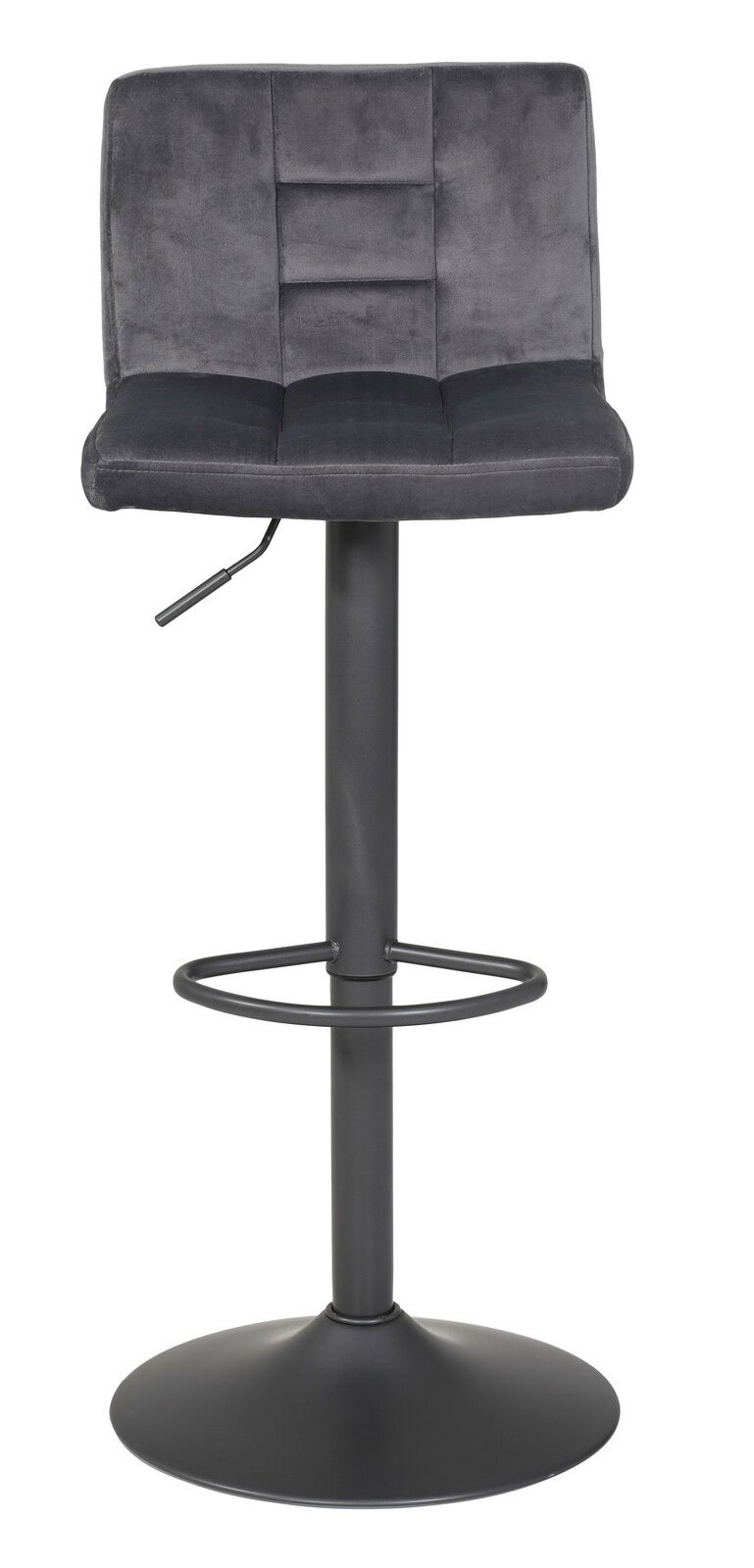 Moderner Barhocker in dunklem Grau mit gepolsterter Rückenlehne und verstellbarer Sitzhöhe, Vorderansicht