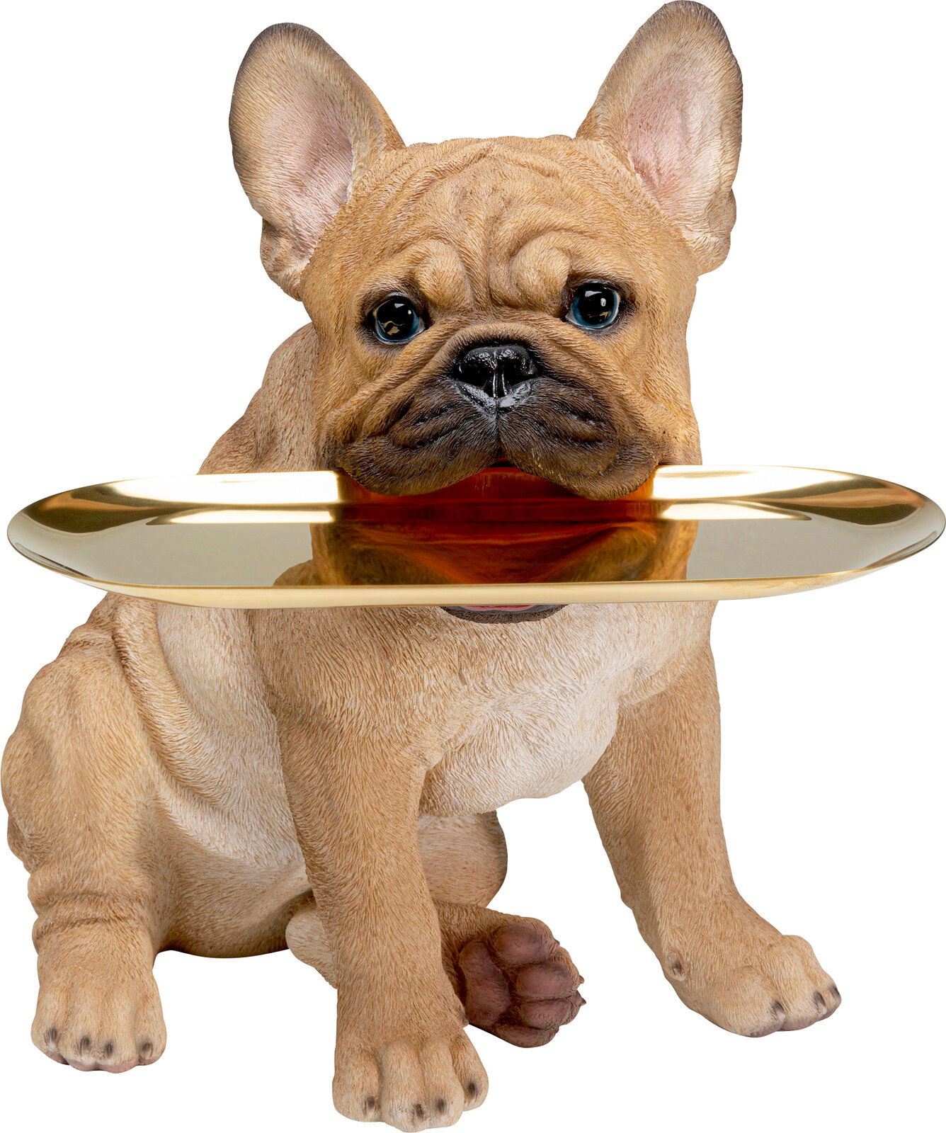 Deko-Figur eines sitzenden Bulldoggen-Butlers mit goldener Servierplatte, Frontalansicht