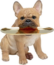 Deko-Figur eines sitzenden Bulldoggen-Butlers mit goldener Servierplatte, Frontalansicht