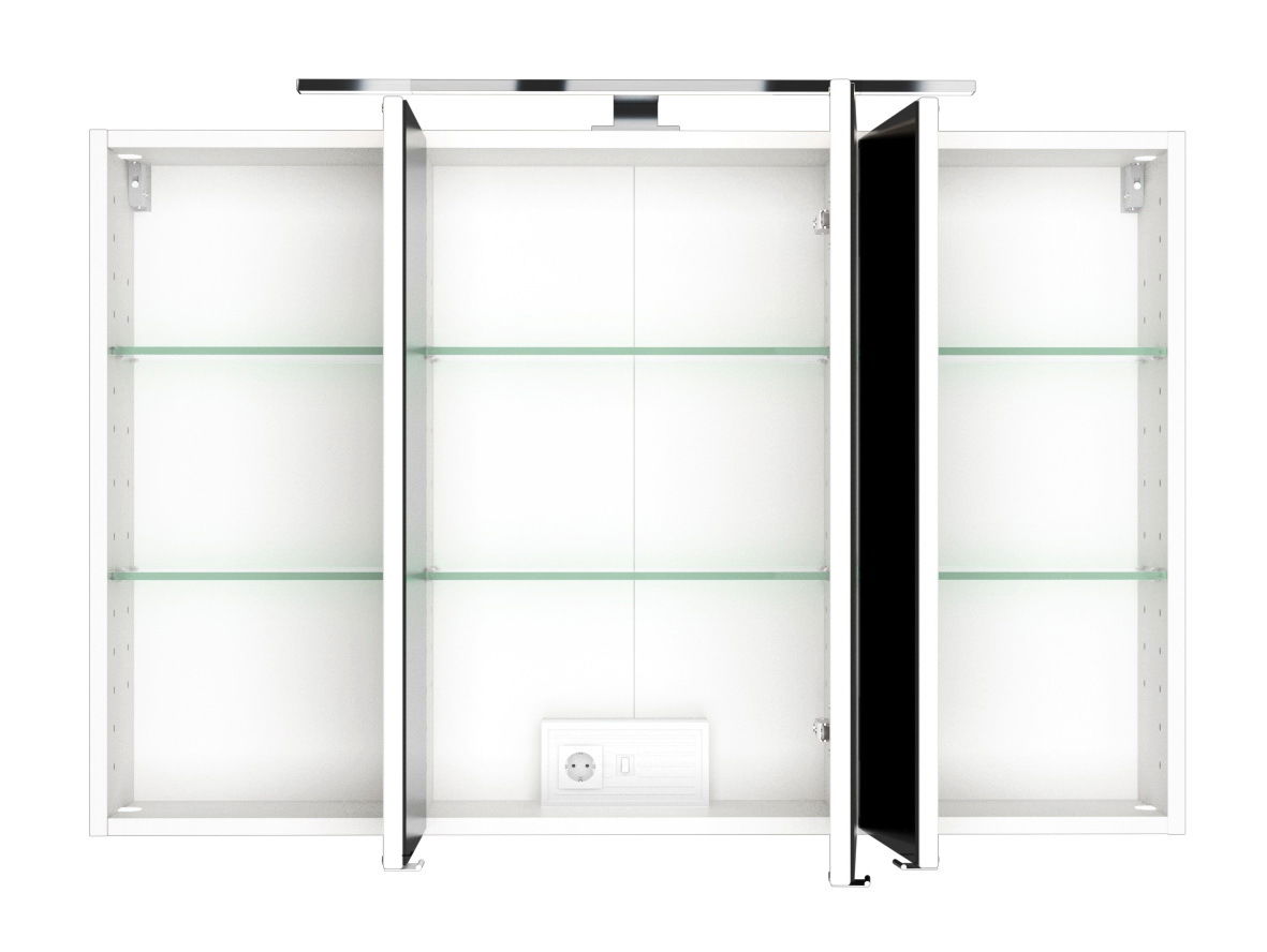 Spiegelschrank mit drei Türen, geöffnet, mit Glasregalen und integrierter Steckdose, Frontalansicht