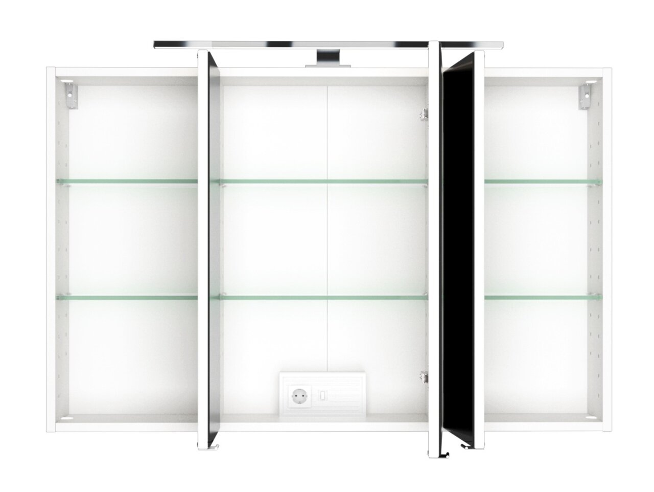 Spiegelschrank mit drei Türen, geöffnet, mit Glasregalen und integrierter Steckdose, Frontalansicht