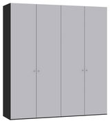 Grauer Drehtürenschrank mit vier Türen, frontal betrachtet.