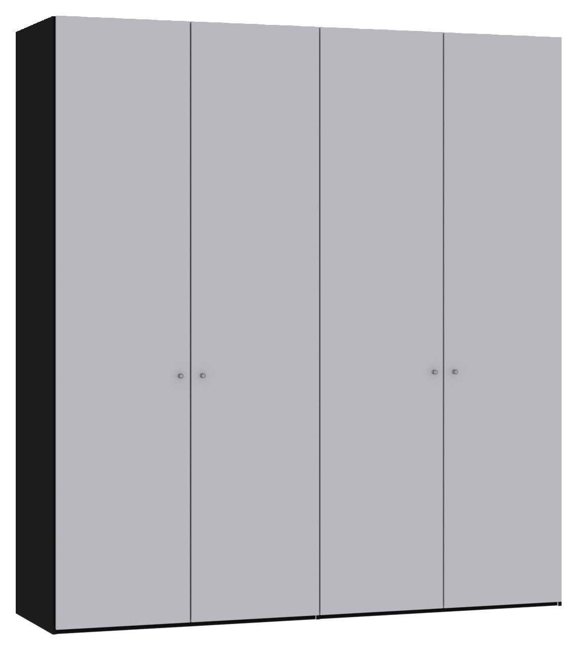 Grauer Drehtürenschrank mit vier Türen, frontal betrachtet.