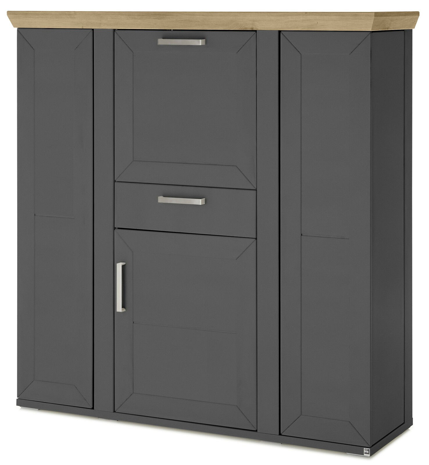 Frontansicht eines modernen Highboards mit grauen Türen und Schubladen, sowie einer Holzplatte oben.