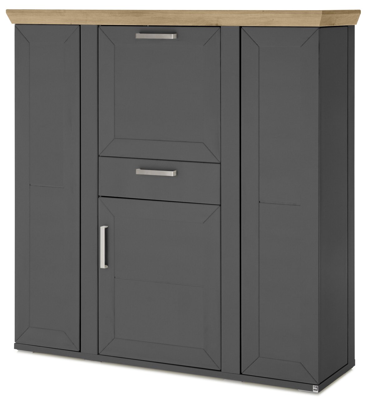 Frontansicht eines modernen Highboards mit grauen Türen und Schubladen, sowie einer Holzplatte oben.