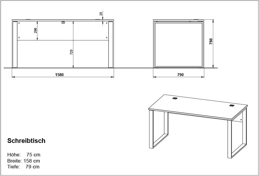 Technische Zeichnung eines Schreibtisches mit den Maßen: Höhe 75 cm, Breite 158 cm, Tiefe 79 cm. Perspektive von vorne und oben.