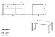 Technische Zeichnung eines Schreibtisches mit den Maßen: Höhe 75 cm, Breite 158 cm, Tiefe 79 cm. Perspektive von vorne und oben.
