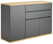 Moderne ladekast met grijze fronten en een houten afwerking, zijaanzicht