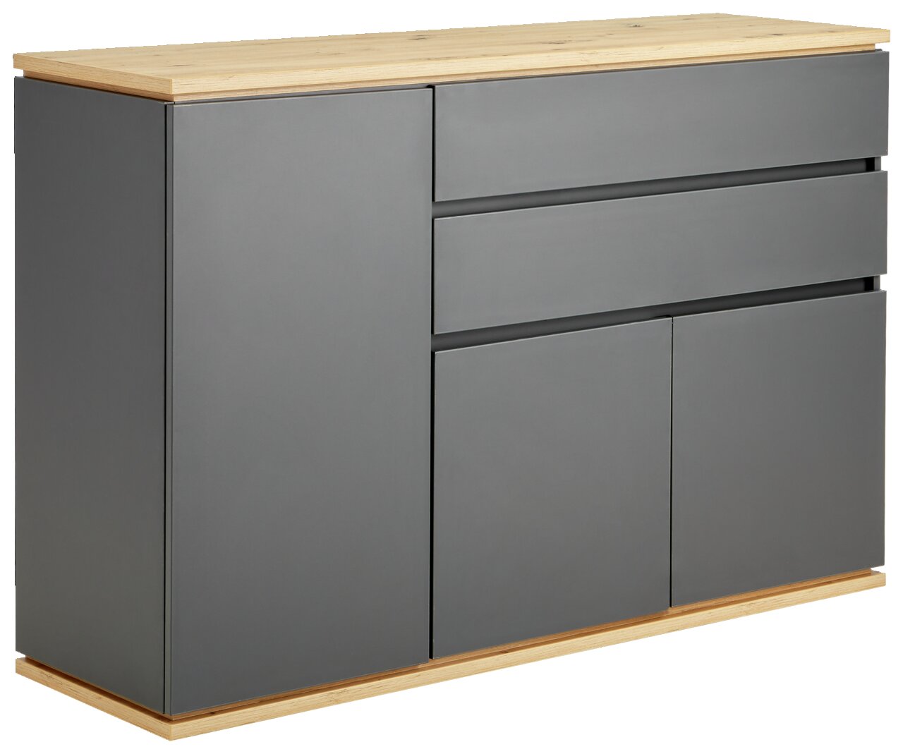 Moderne ladekast met grijze fronten en een houten afwerking, zijaanzicht