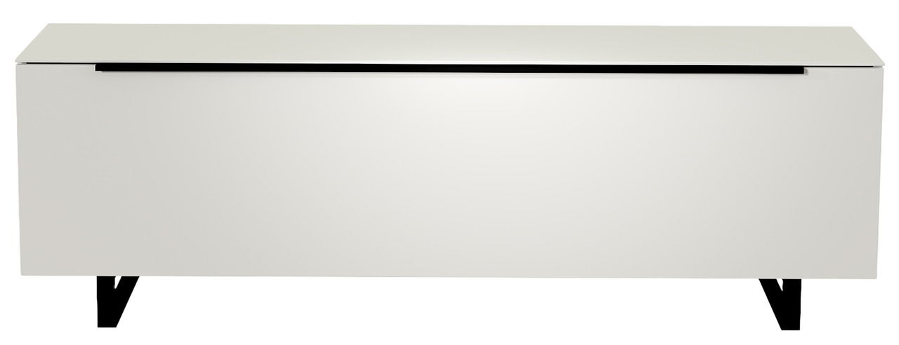Modernes TV-Lowboard in Weiß mit schwarzem Akzent, frontale Ansicht