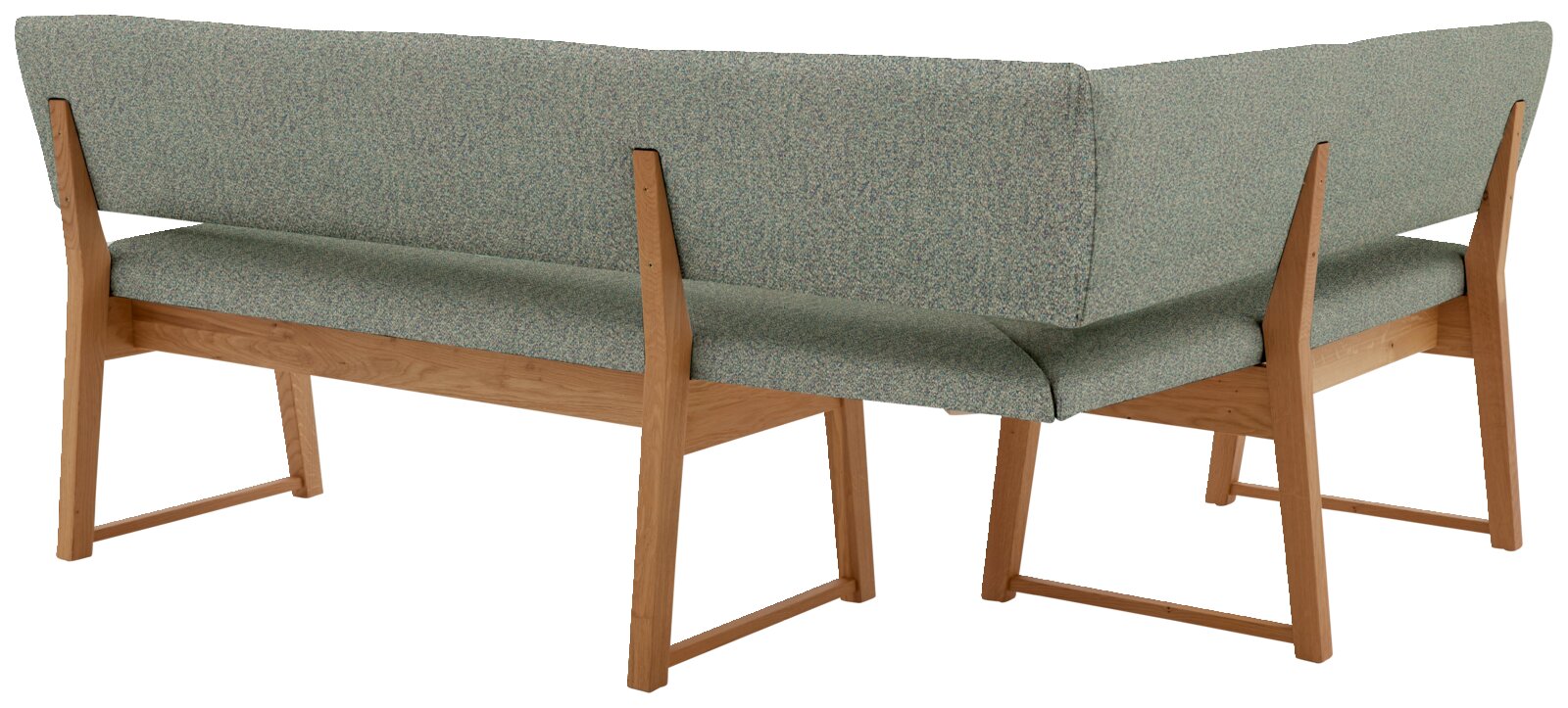 Achterkant van een hoekbank met houten frame en groene stoffen bekleding, gezien van achteren.