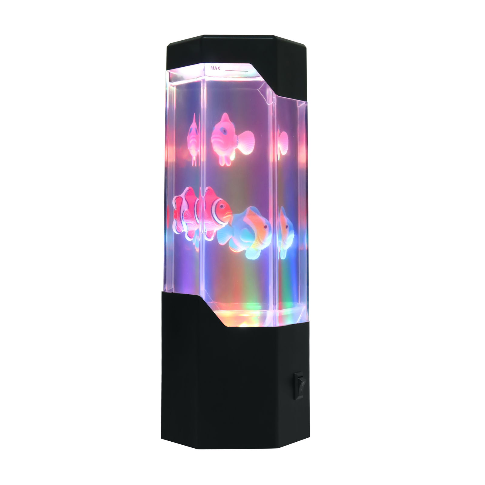 LED-Dekoleuchte mit bunten, leuchtenden Fischen in einem transparenten Gehäuse, seitliche Perspektive