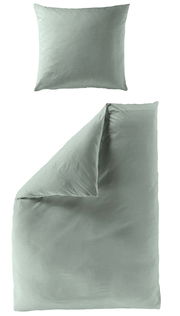 Bettwäsche-Set in sanftem Grün, bestehend aus einem Kissenbezug und einem Bettdeckenbezug, aus der Vogelperspektive fotografiert.