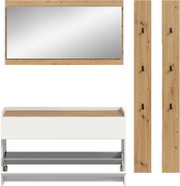 Modernes Badmöbel-Set in Weiß und Eiche-Optik mit großem Wandspiegel, Waschtischunterschrank und seitlichen Garderobenpaneelen mit schwarzen Haken, frontal in Produktansicht
