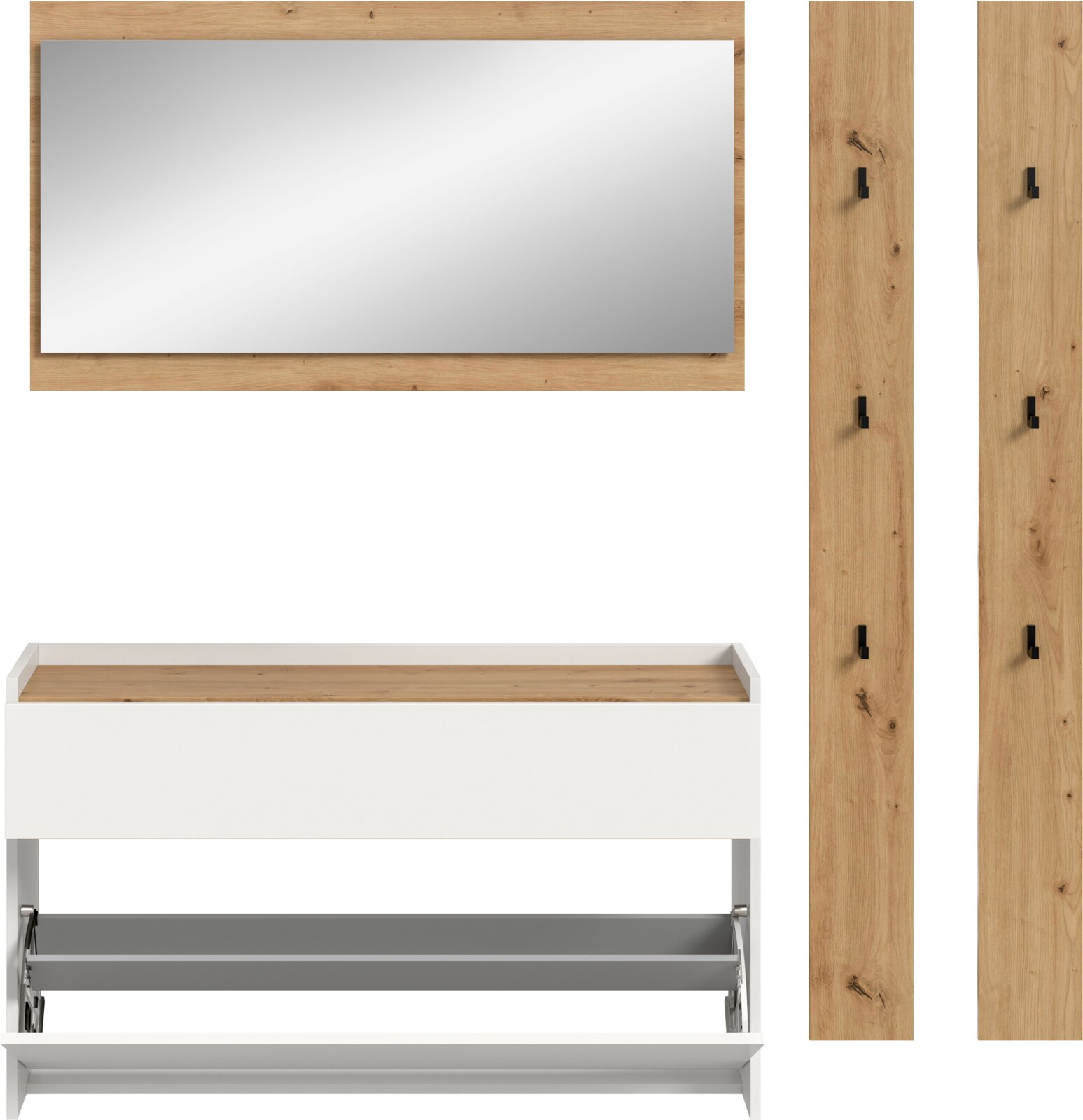 Modernes Badmöbel-Set in Weiß und Eiche-Optik mit großem Wandspiegel, Waschtischunterschrank und seitlichen Garderobenpaneelen mit schwarzen Haken, frontal in Produktansicht