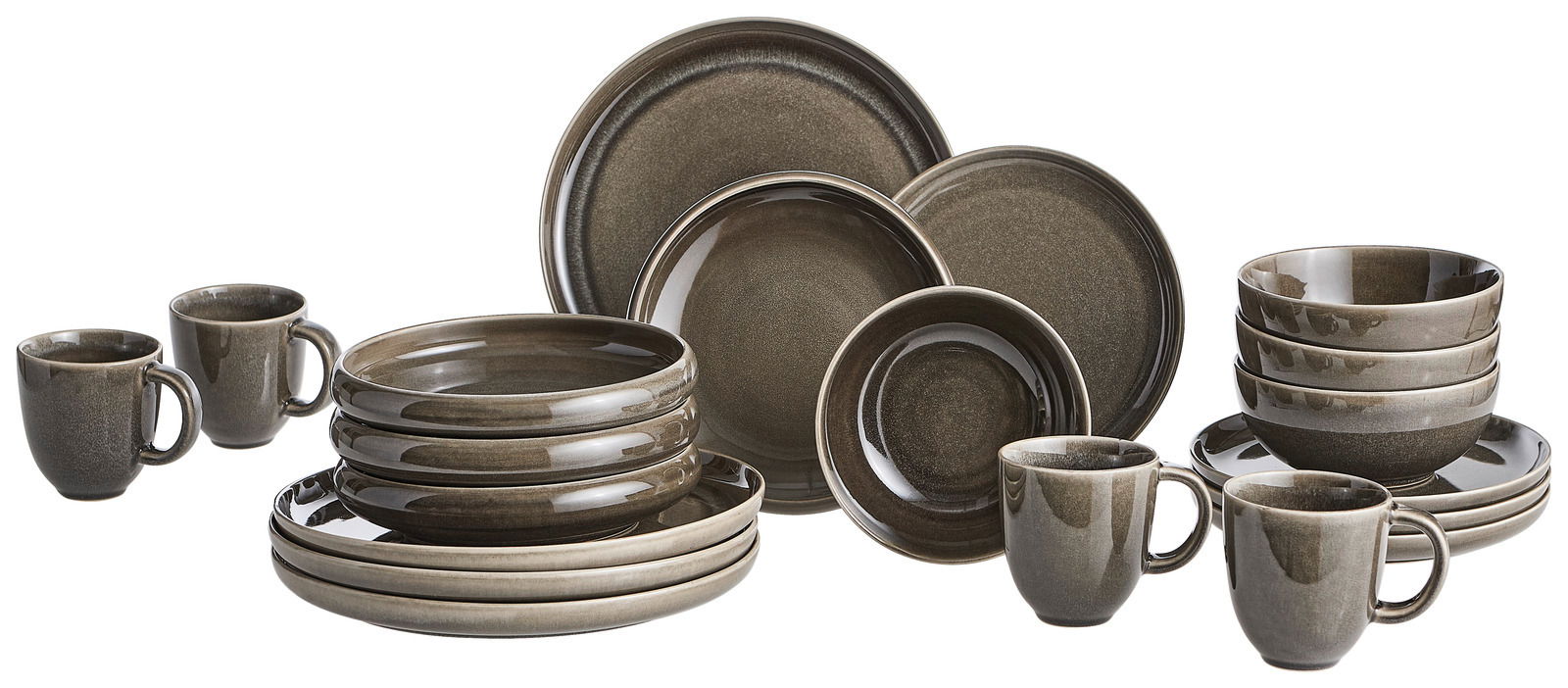 Komplettes 20-teiliges Geschirrset in Pewter-Farbe, bestehend aus Tellern, Schalen und Tassen, aus seitlicher Perspektive fotografiert.