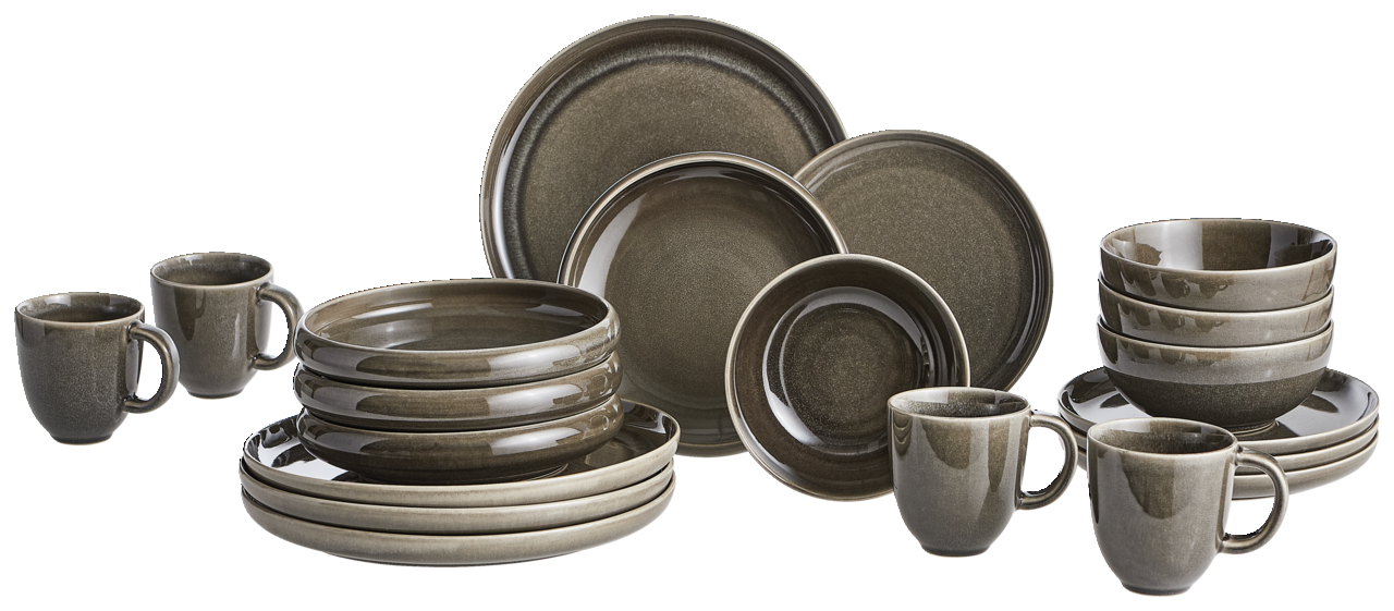 Komplettes 20-teiliges Geschirrset in Pewter-Farbe, bestehend aus Tellern, Schalen und Tassen, aus seitlicher Perspektive fotografiert.