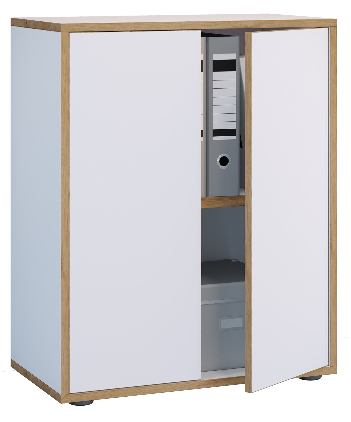 Weißer Büroschrank mit Holzrahmen und zwei Türen, eine Tür halb geöffnet mit sichtbaren Ordnern und Ablageboxen, Ansicht schräg von vorne.