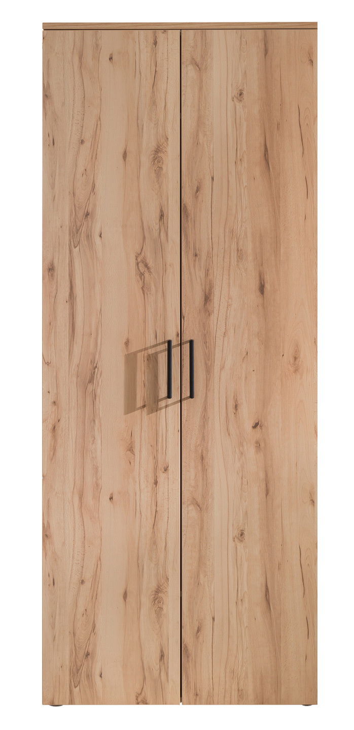 Moderano Garderobenschrank ALMADA Frontansicht eines Garderobenschranks aus hellem Holz mit zwei Türen und schwarzen Griffen.