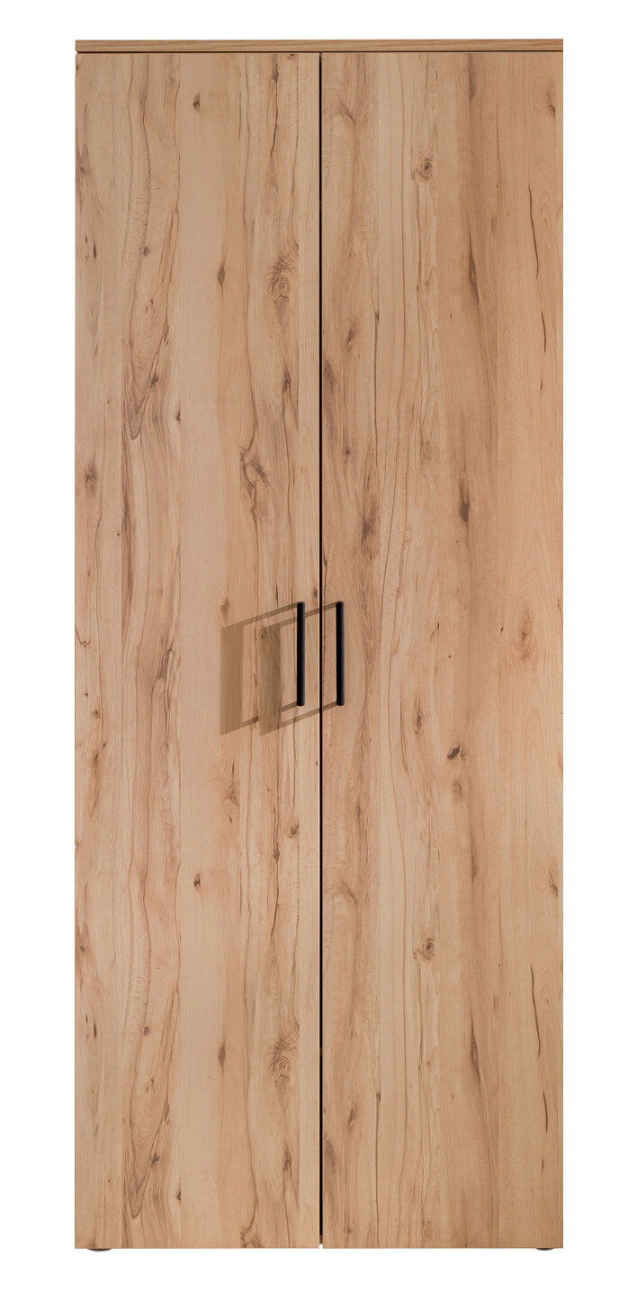Moderano Garderobenschrank ALMADA Frontansicht eines Garderobenschranks aus hellem Holz mit zwei Türen und schwarzen Griffen.