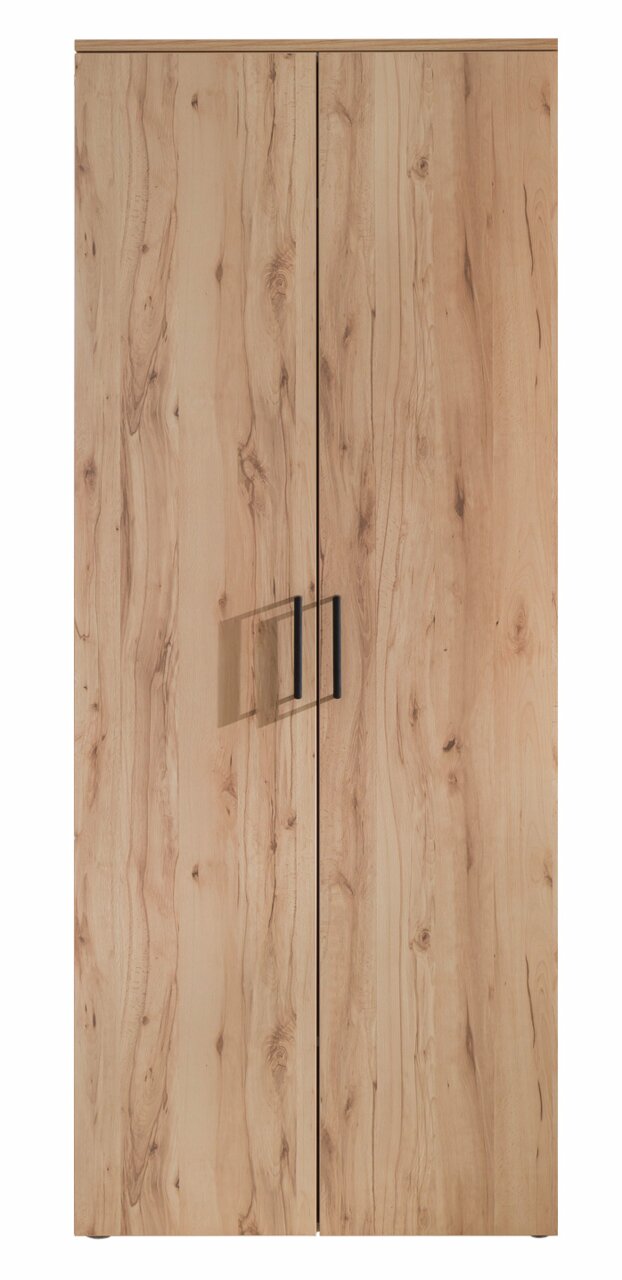 Moderano Garderobenschrank ALMADA Frontansicht eines Garderobenschranks aus hellem Holz mit zwei Türen und schwarzen Griffen.