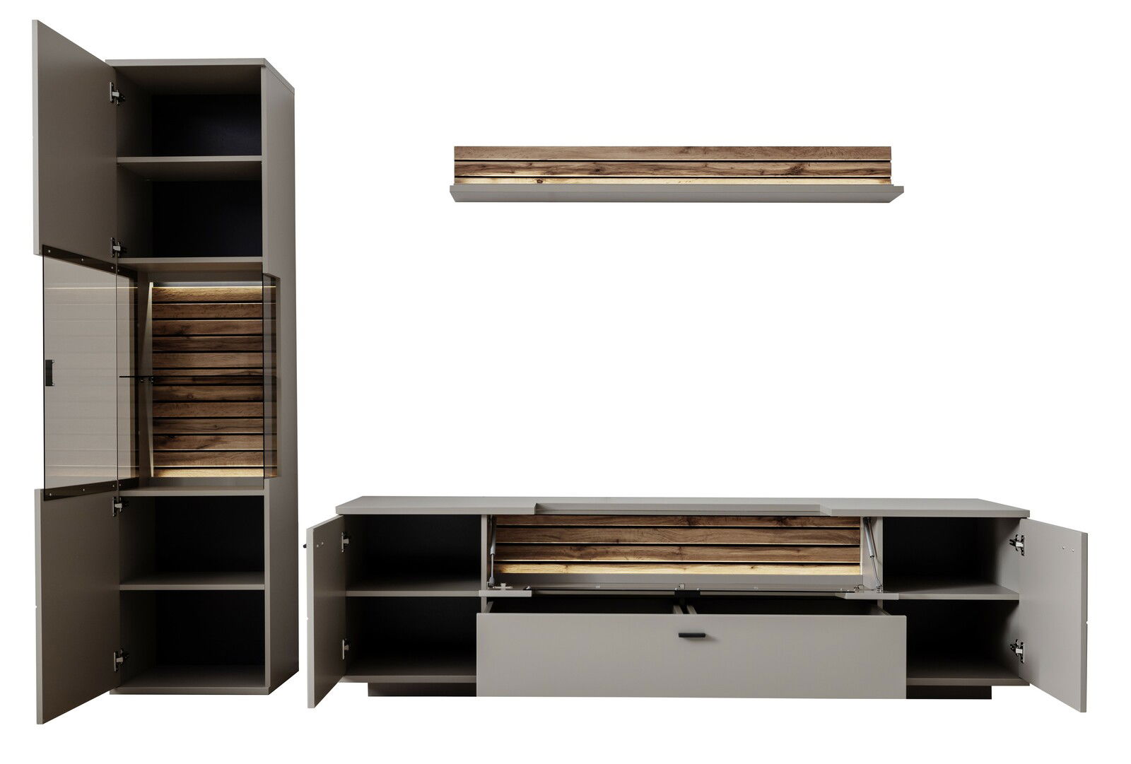 Frontale Ansicht einer modernen Wandkombination mit Schränken und Regalen in Holzoptik und grauem Finish, teilweise geöffnet.