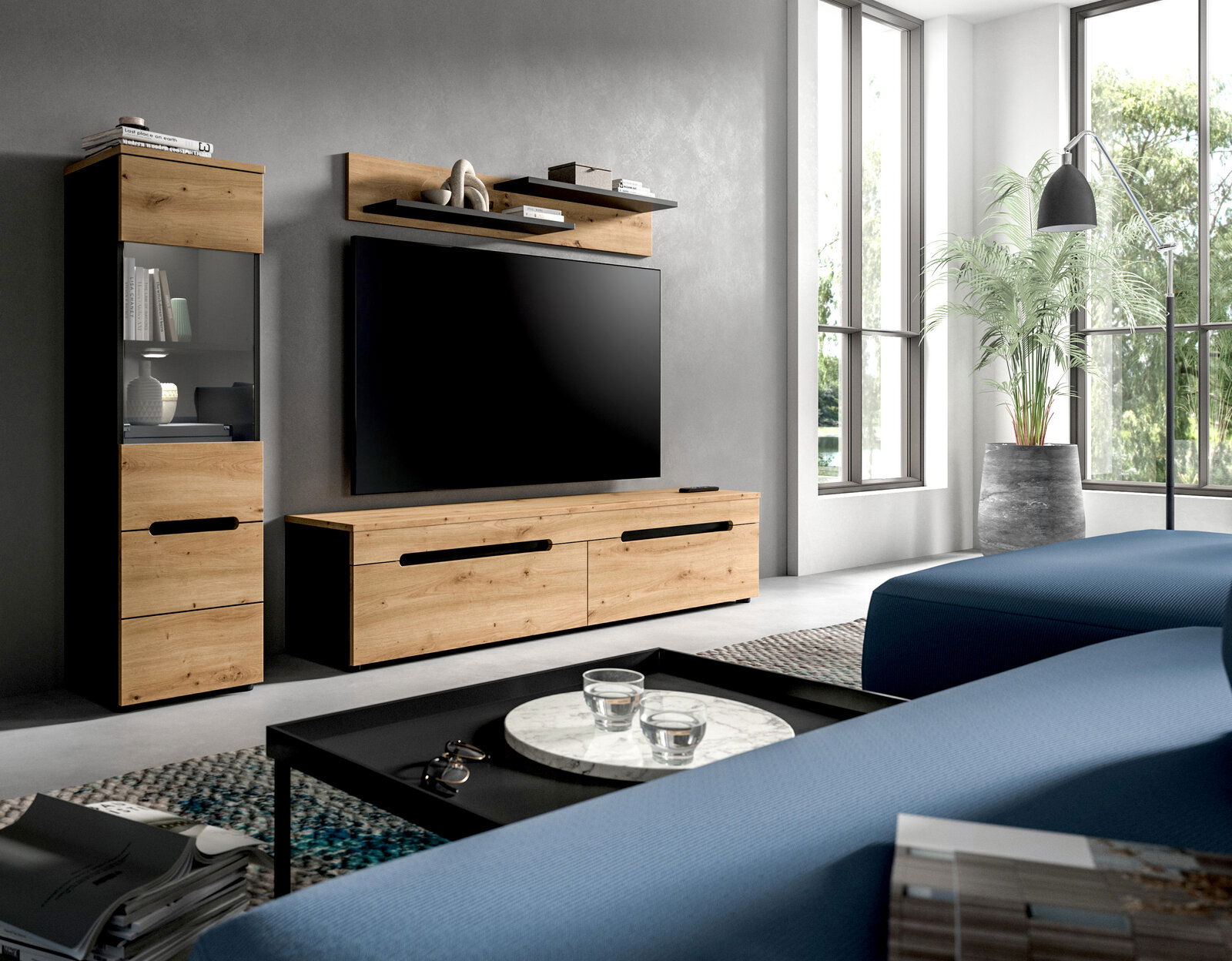 MID.YOU Wohnkombination CANU Modernes Wohnzimmer mit TV-Wandmöbel-Set in Holzoptik und schwarzen Akzenten (Lowboard, Hängeregal, Vitrine) an grauer Wand; Perspektive: leicht seitliche Frontansicht auf die Wohnwand.