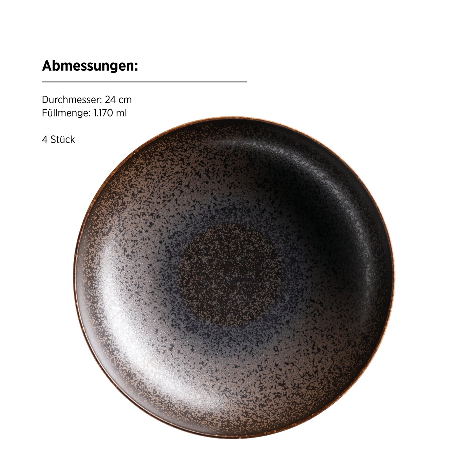 Dunkler, gesprenkelter Keramik-Suppenteller (Ø 24 cm, 1.170 ml) auf weißem Hintergrund, Draufsicht von oben; Set mit 4 Stück.