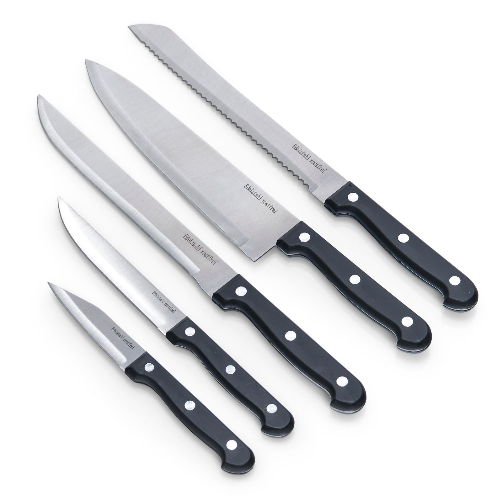 Messerblock-Set 6-tlg. mit fünf verschiedenen Messern aus Edelstahl, von oben betrachtet.