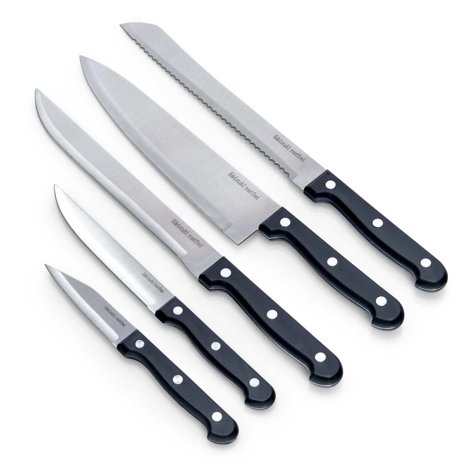 Messerblock-Set 6-tlg. mit fünf verschiedenen Messern aus Edelstahl, von oben betrachtet.
