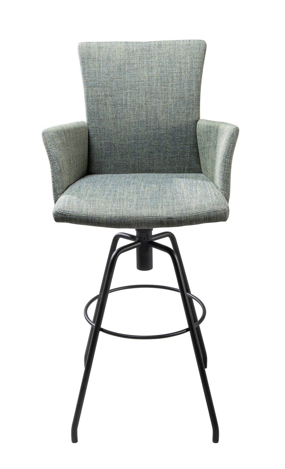 Moderner Barhocker mit gepolstertem Sitz und Rückenlehne in blauer Stoffoptik, schwarzes Metallgestell, Frontalansicht