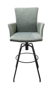 Moderner Barhocker mit gepolstertem Sitz und Rückenlehne in blauer Stoffoptik, schwarzes Metallgestell, Frontalansicht