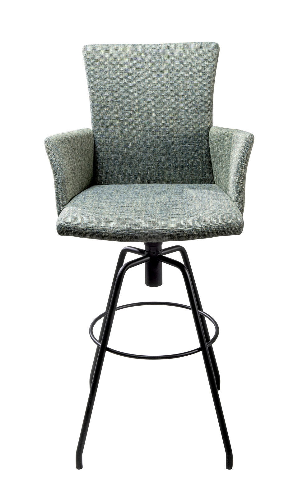 Moderner Barhocker mit gepolstertem Sitz und Rückenlehne in blauer Stoffoptik, schwarzes Metallgestell, Frontalansicht