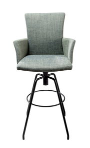 Moderner Barhocker mit gepolstertem Sitz und Rückenlehne in blauer Stoffoptik, schwarzes Metallgestell, Frontalansicht